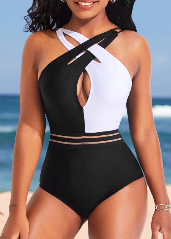 Black and white color matching one piece hollowed out transparent waistband one piece swimsuit