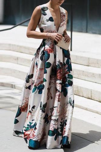 Fashion independent station V-neck fashion printed long skirt