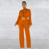 Women's waistband lace cut out solid color long sleeved pants jumpsuit