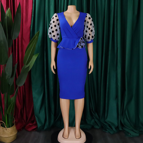 Spliced temperament mesh bubble sleeve pencil skirt dress