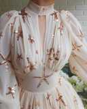 Multi color half high neck sequin slit lantern sleeve large swing dress chiffon dress