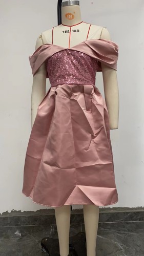 Simple and atmospheric long slim sequin off shoulder banquet evening dress