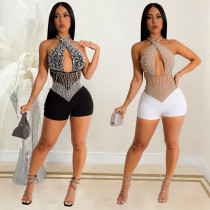 Fashion women's mesh hot diamond bubble bead sleeveless shorts jumpsuit