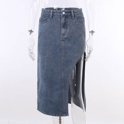 Slim Fit Hundred Pagoda Skirt Women's Trendy One Side Split Denim Half Skirt
