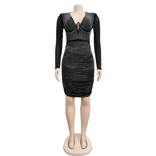 Women's solid color mesh hot diamond temperament short skirt dress