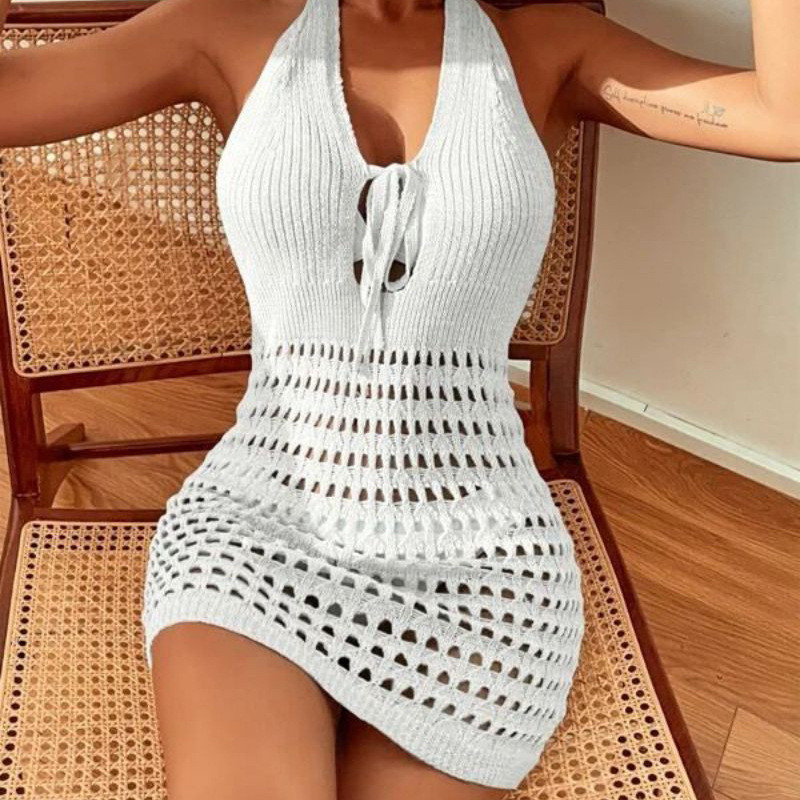 Beach Skirt Women's Solid Color Sexy Knitted Hollow Beach Bikini Swimwear Cover Up Sun Protection Clothing