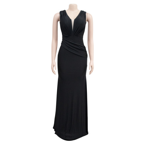 Fashion Women's Solid V-Neck Sleeveless Pleated Long Dress