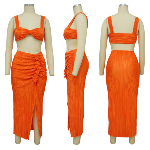 Pleated Sexy Open Back Strap Top Split Pleated Skirt Set