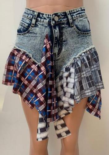 Women's denim thousand bird plaid patchwork denim ruffle skirt