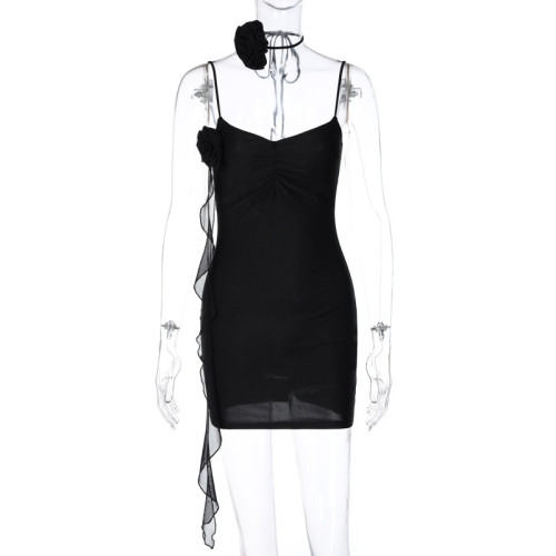 Women's Slim Fit Curved V-Neck Panel Mesh Edge Elegant Flower Strap Dress