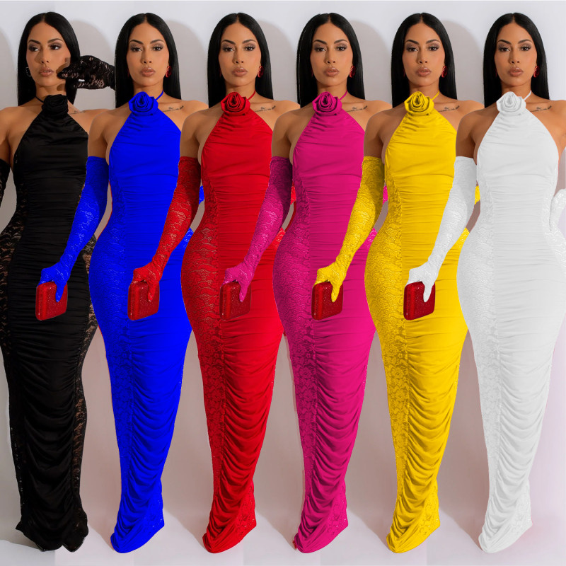 Fashion Women's Solid Color Long Gloves Hollow Lace Long Dress Dress