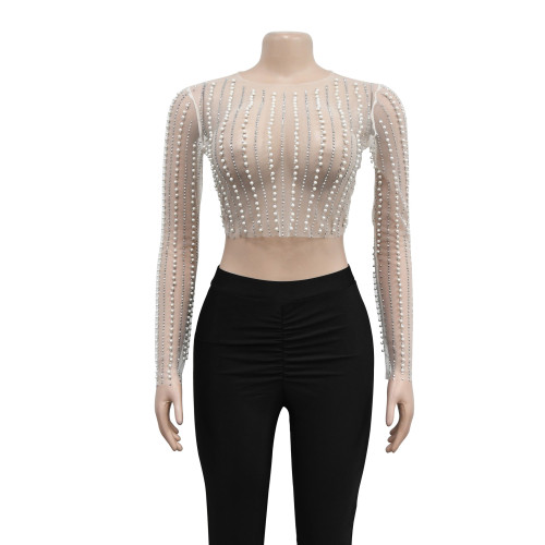 Women's solid color mesh hot diamond bubble bead long sleeved top single piece set