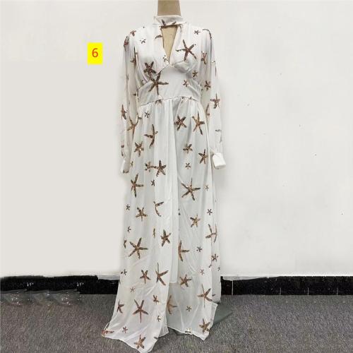 Multi color half high neck sequin slit lantern sleeve large swing dress chiffon dress