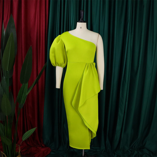 Temperament Waist Wrapped Bubble Sleeve Banquet Split Dress Dress