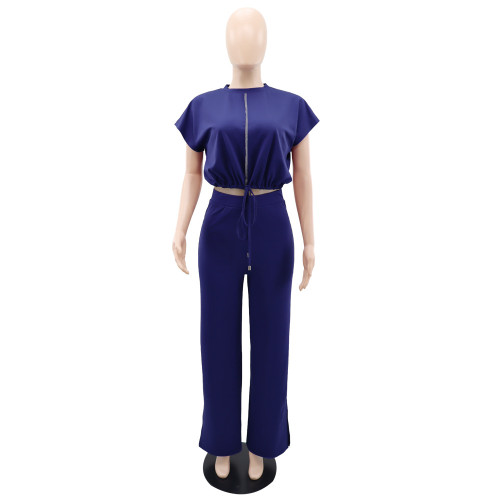 Drawstring short top, high waisted split women's pants, fashionable two-piece set