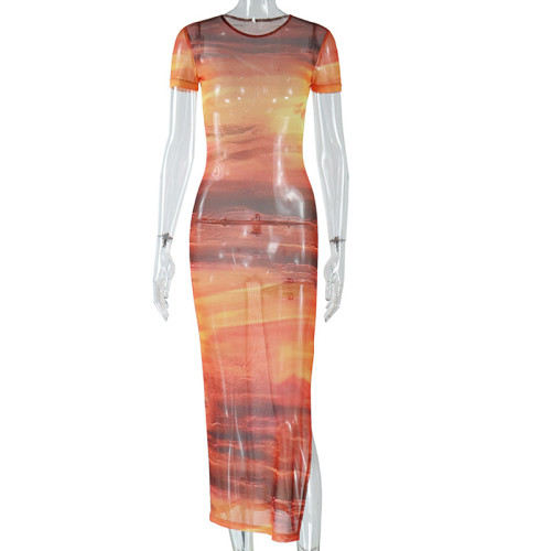 Perspective Mesh Gradient Print Round Neck Short Sleeve Wrap Hip Split Beach Dress
