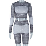 Sexy Mesh Perspective Set Long sleeved Round Neck Short Top 5 Point Bottom Two Sets
