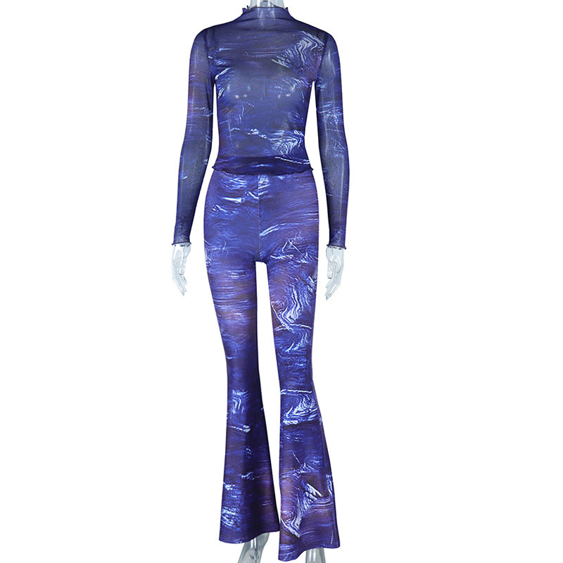 Women's Fashion Printed Long Sleeve Top Perspective Mesh Pants Flare Pants Fashion Set