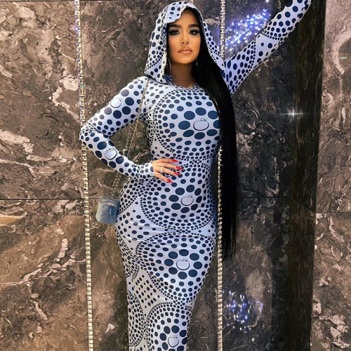Fashionable dot print hooded long sleeved buttocks wrapped slim fitting dress