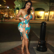 Fashion Print Sexy Deep V Wrapped Chest One Shoulder Hanging Neck Split Wrapped Hip Dress