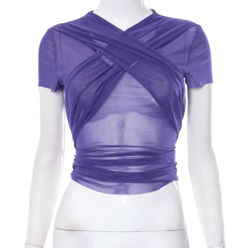 Cross Strap Mesh Perspective Short Sleeve Spicy Girl T-shirt