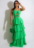 Solid Chiffon Wrapped Chest Lace Up Neck Hollow out Cake Dress Dress Long Dress JD1429