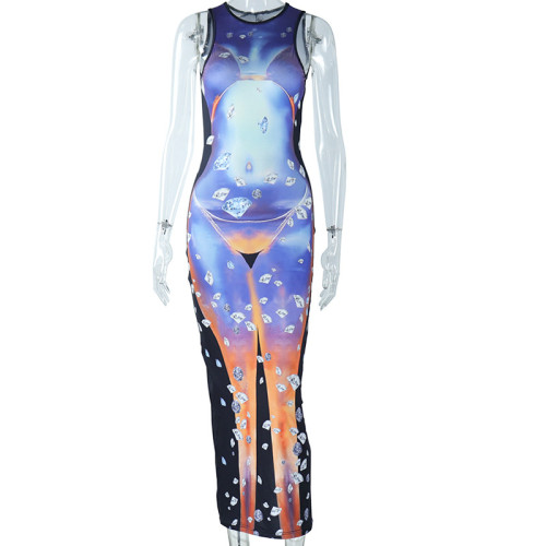 Mid length tight fitting dress for street trendsetters with hollowed out round neck and buttocks skirt with floral print on the head