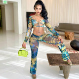 Fashionable printed sexy chest wrap with exposed navel, long sleeved top and pants, two-piece trendy women's sports set
