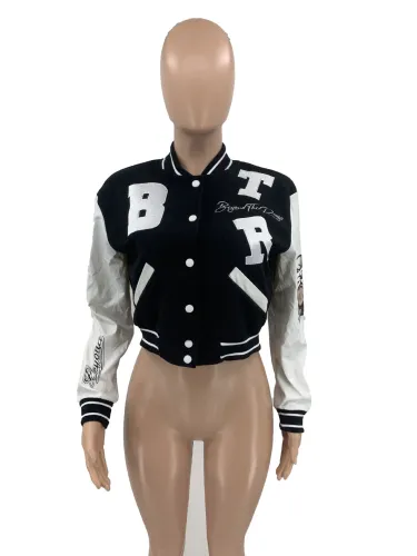 Women's embroidered elastic PU button buckle baseball jacket