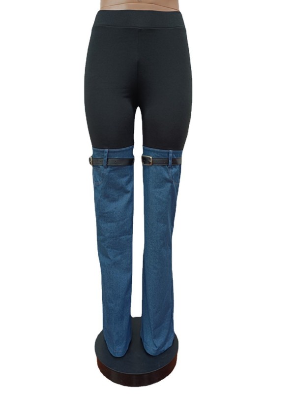 Spliced combination denim pants with elastic denim micro flared pants