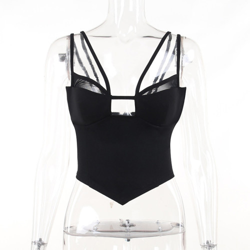 Double shoulder strap sexy hollow black spicy girl top versatile tank top