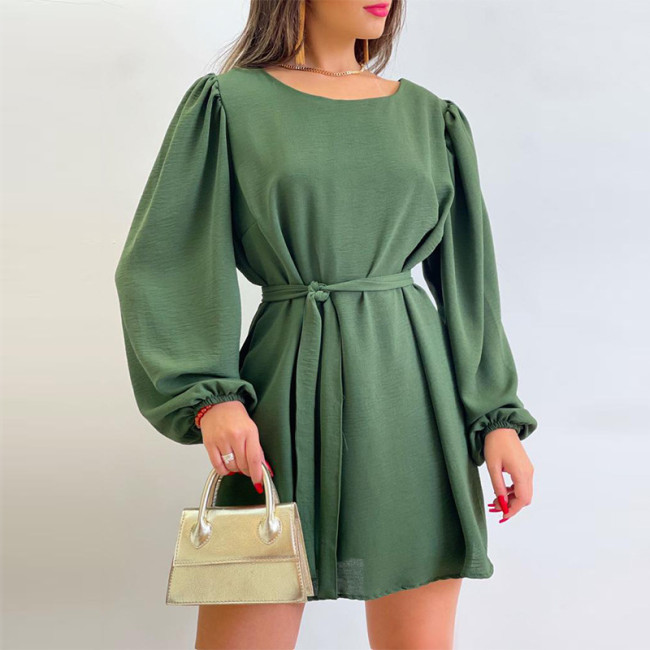 Fashionable Round Neck Bubble Sleeve Waist Wrap Dress