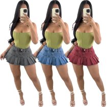 Sexy pocket zipper fashion denim pleated skirt
