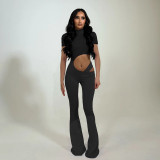 Women's solid color basic personality hollowed out high waisted tight short sleeved jumpsuit with micro flared pants