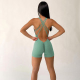 Women's casual sports style letter print beautiful back hollowed out pleated peach buttocks sexy V-neck jumpsuit