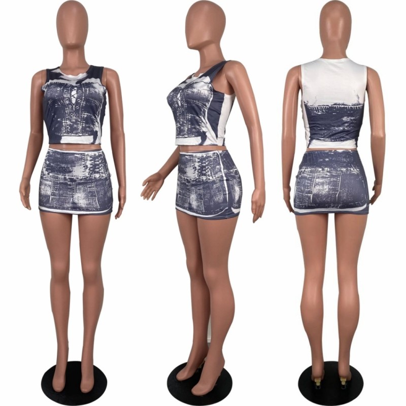 Fashion slim fitting denim printed short skirt set