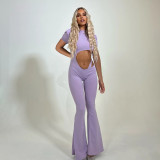 Women's solid color basic personality hollowed out high waisted tight short sleeved jumpsuit with micro flared pants