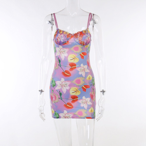 Strap Sexy Chest Showing Print Wrap Hip Dress