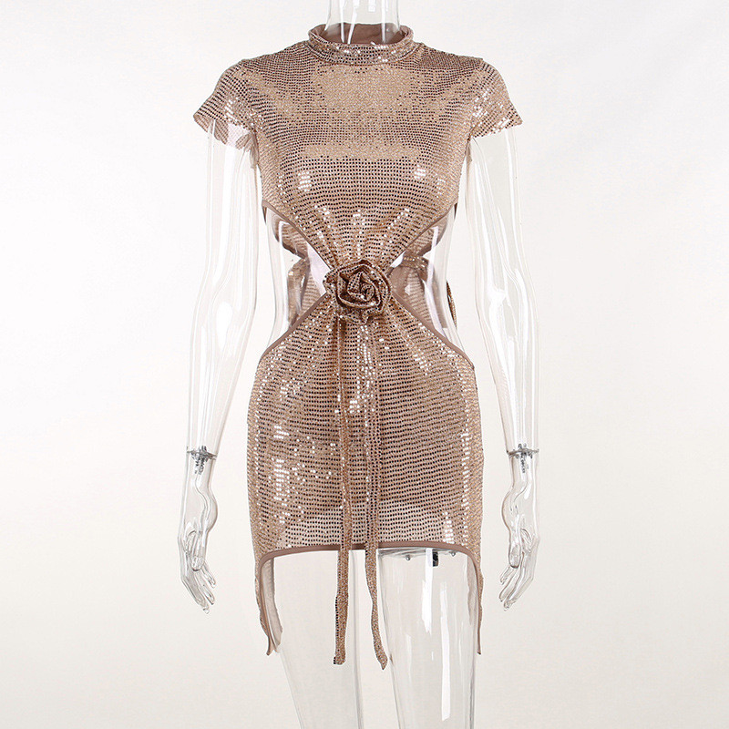 Half high neckline three-dimensional flower open waist sparkling dress open back short skirt
