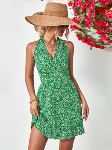 Hanging Neck Open Back Ruffle Dress