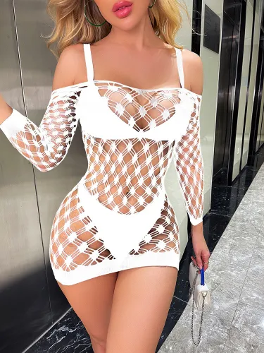 Sexy long sleeved women's transparent hollowed out stockings, tight mesh suit, one piece