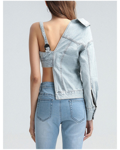 Small Asymmetric Denim Top Sexy Polo Collar Open Waist Denim Coat