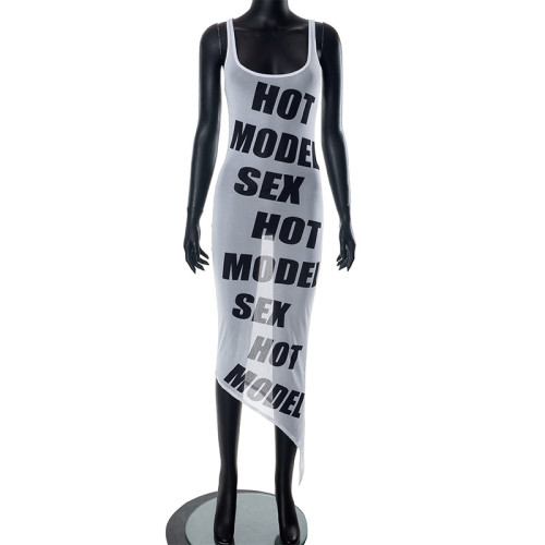 Letter print sexy perspective tight fitting dress