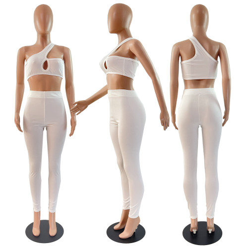 Solid color diagonal shoulder hollowed out tank top and pants sports two-piece set