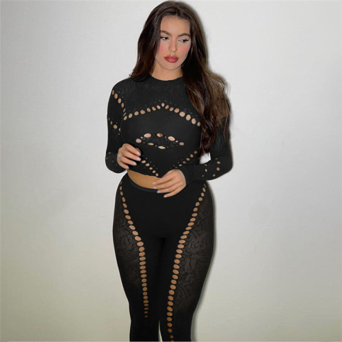 Lace Mesh Hollow Hole High Waist Tight Pants Set