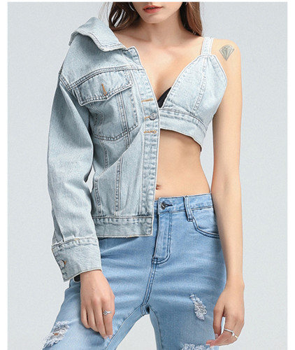 Small Asymmetric Denim Top Sexy Polo Collar Open Waist Denim Coat