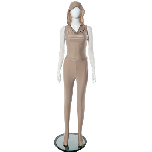 Fashion hooded swing collar top tight pants casual set