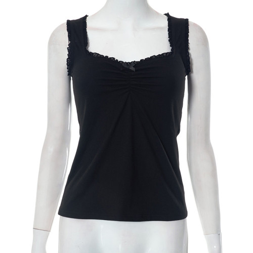 Lace Edge Bow Fold Mesh Perspective Tank Top T-shirt