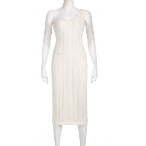 Solid Color One Shoulder Sleeveless Wrapped Chest Knitted Hollow Tight Wrapped Hip Sexy Fashion Featured Dress Mid Dress