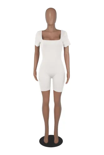 Women's solid color short sleeved large neckline fashionable and comfortable pit stripe sports jumpsuit